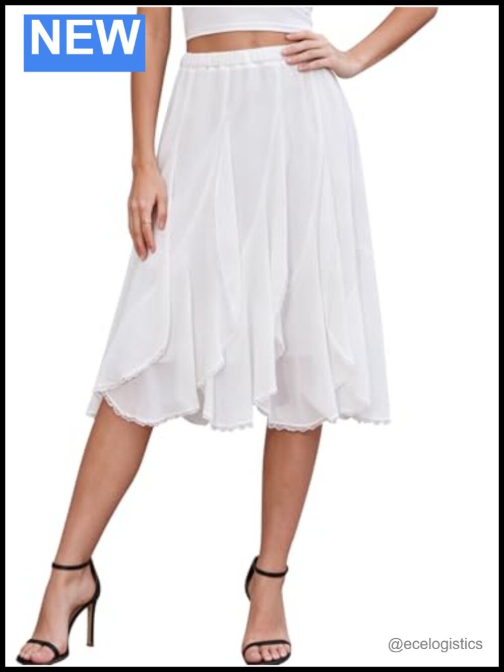 Flowy A-Line Midi Skirt with Lace Trim Ruffled Chiffon High Waisted